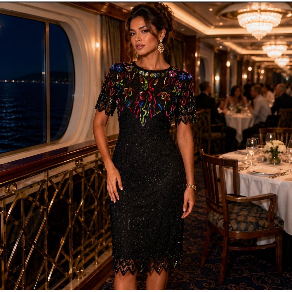 Sweelo Vintage Black Hand Beaded Sequin Cocktail Dress Open Back Multicolored‎ S